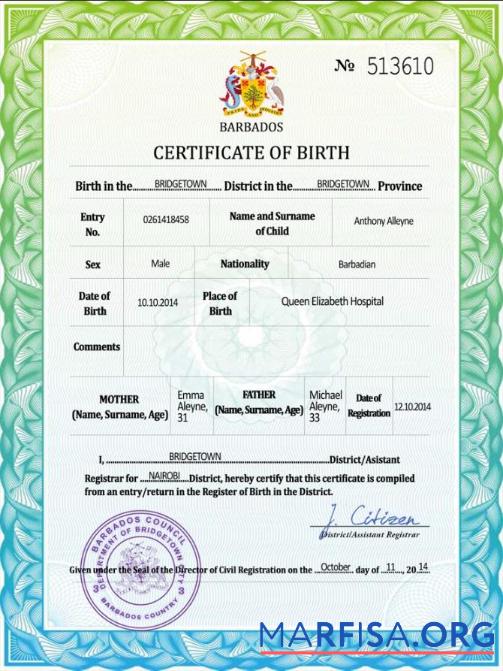 Realistic Barbados vital record birth certificate PSD template